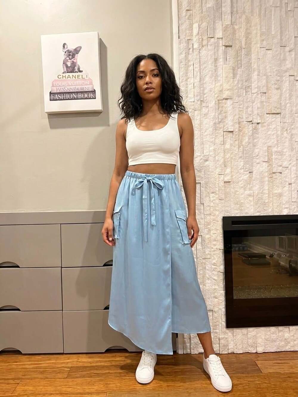 Ramy Brook Light Blue Satin Cargo Maxi Skirt with Drawstring Waist